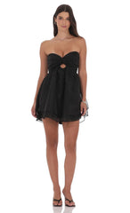 Dotted Cutout Babydoll Dress in Black