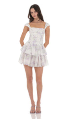 Floral Ruffle Cap Sleeve Dress In White