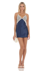 Lace Satin V-Neck Dress in Navy