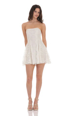 Gold Thread Strapless Fit and Flare Dress in Ivory