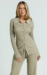 Kelsey Top - Button Through Long Sleeve Knitted Top in Taupe