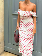 Sweetie Polka Dot Ruffle Hem Off-Shoulder Long Dress