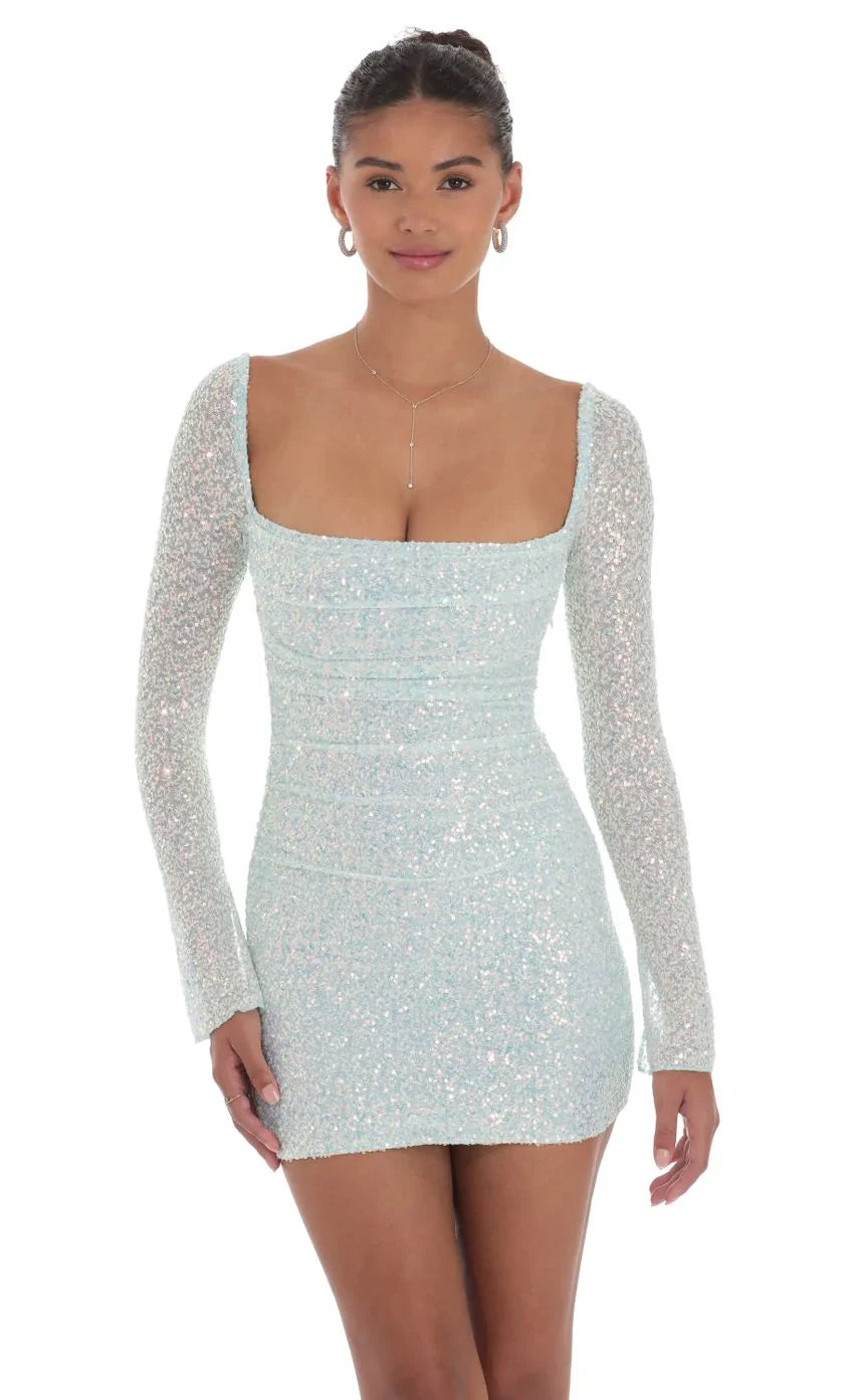 Knit Sequin Long Sleeve Dress in Blue