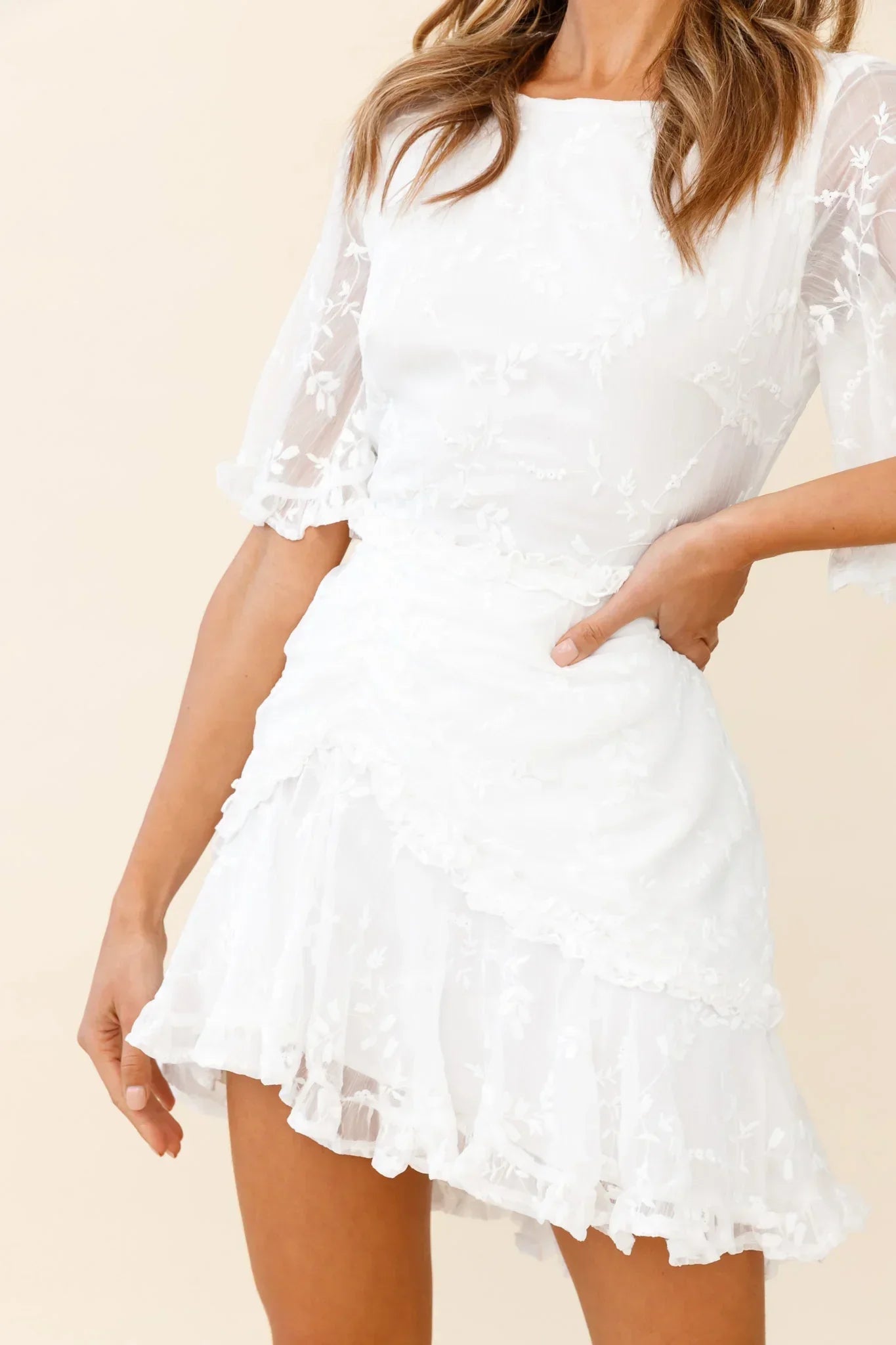 Leona Half Sleeve Frill Trim Dress Leaf Embroidered White – LucyinLaces