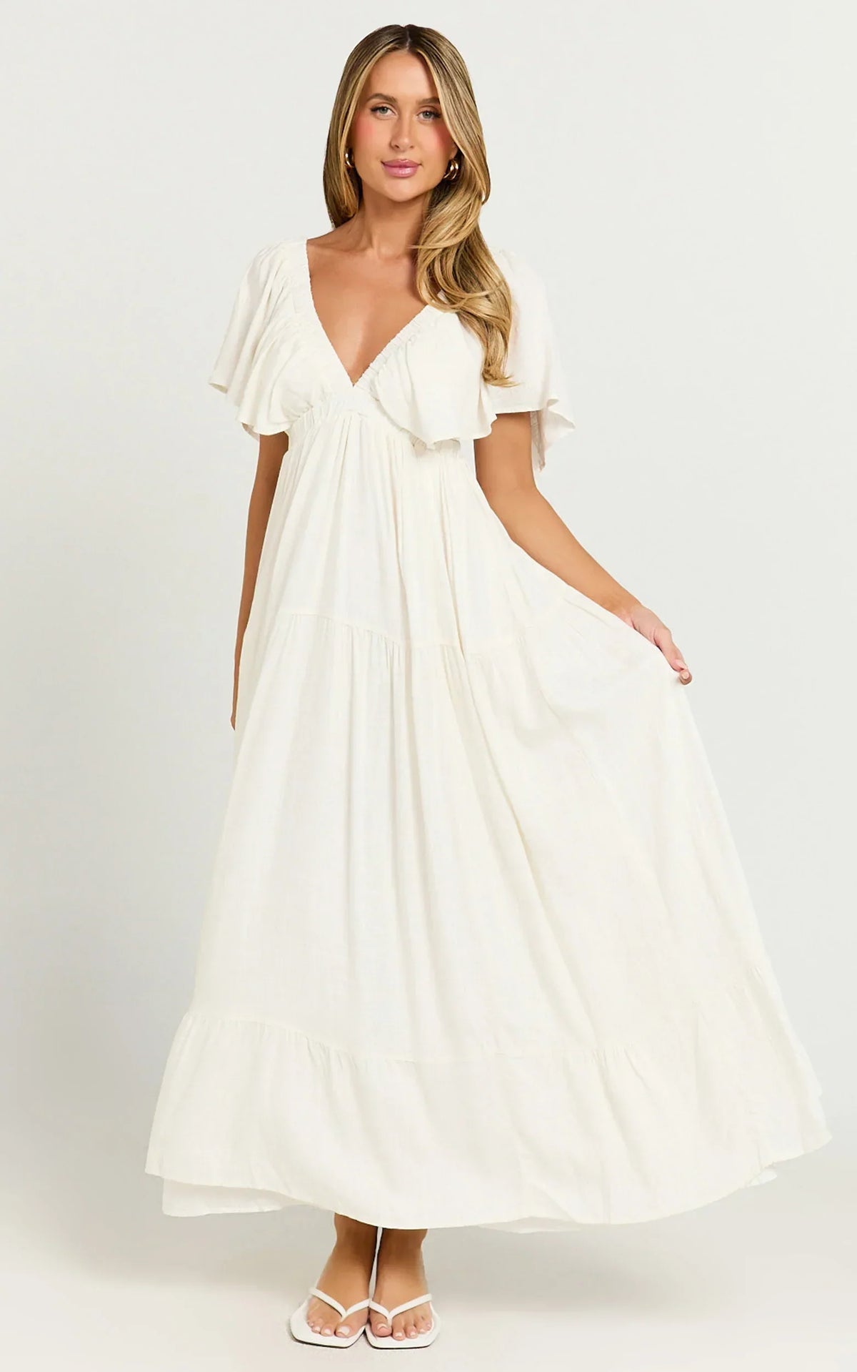 Lyrad Midi Dress Linen Empire Waist Textured Dress in White