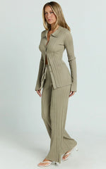 Kelsey Top - Button Through Long Sleeve Knitted Top in Taupe