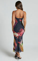 Rashida Midi Dress - V Neck Mesh Printed Dress in Floral Blur